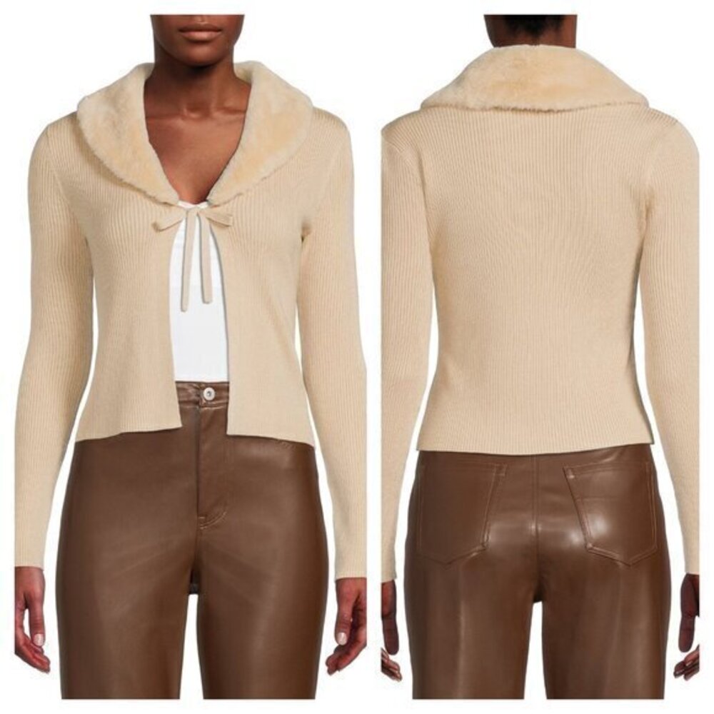 NWT NOBO No Boundaries Juniors' Faux Fur Collar Cardigan Sweater M Cafe Au Lait